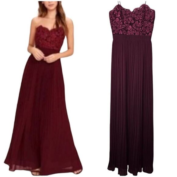 Lulus Dresses & Skirts - Lulu's Embroidered Bustier Pleated Skirt Burgundy Red Strapless Maxi Dress Small